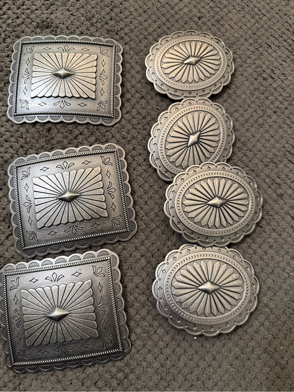 Stamped Silver-Tone Concho Belt Pieces - Set of 7